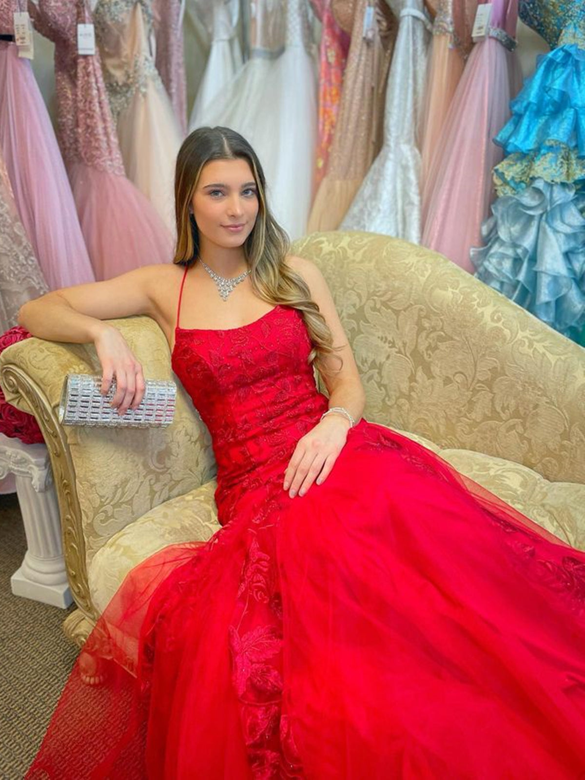 Robe de bal rouge longue sirène à bretelles spaghetti en tulle et dentelle, dos ouvert, robe de soirée formelle