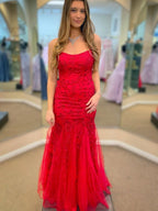 Robe de bal rouge longue sirène à bretelles spaghetti en tulle et dentelle, dos ouvert, robe de soirée formelle