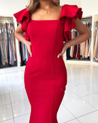 Vestidos de Baile Vermelhos em Cetim com Decote Quadrado e Costas Abertas Estilo Sereia Longo