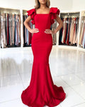 Vestidos de Baile Vermelhos em Cetim com Decote Quadrado e Costas Abertas Estilo Sereia Longo