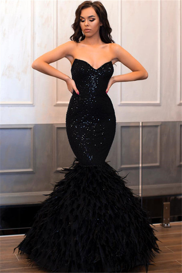 Robe de bal longue sirène noire sans bretelles ornée de paillettes
