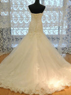 Vestidos de Noiva Longos com Cauda, Sem Alças, em Renda e Organza, Estilo Sereia e Corte Princesa