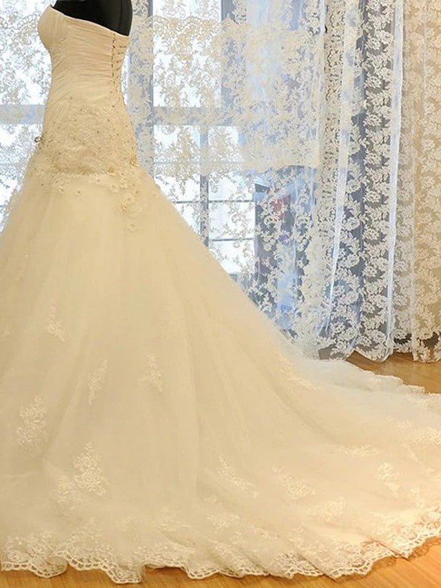 Lange Meerjungfrau Trägerlosen Hof-schleppe Spitze Organza Brautkleider