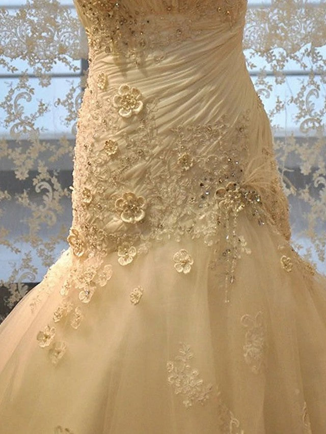 Lange Meerjungfrau Trägerlosen Hof-schleppe Spitze Organza Brautkleider