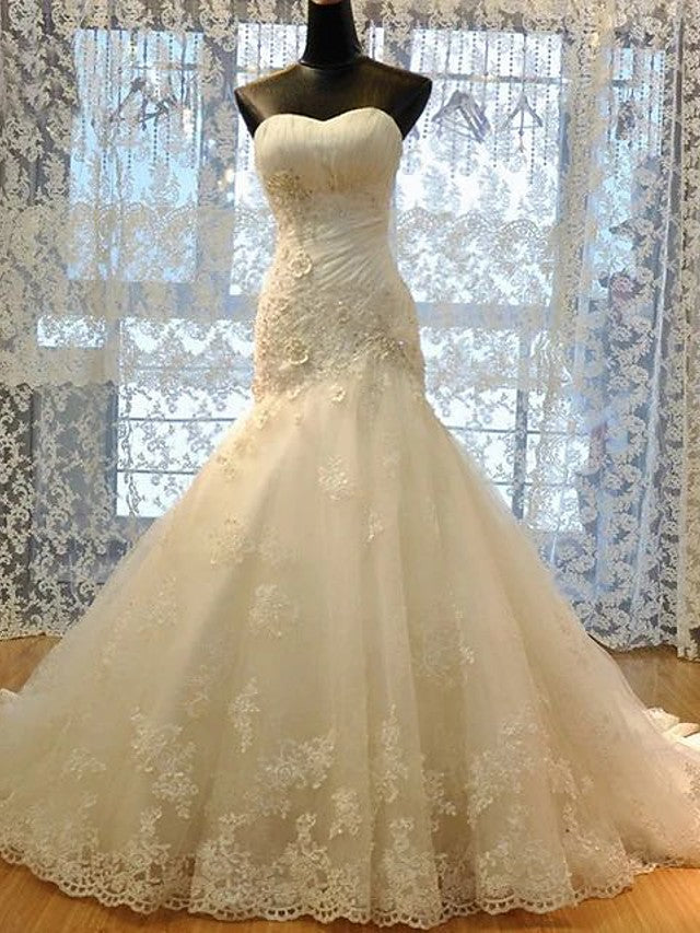 Vestidos de Noiva Longos com Cauda, Sem Alças, em Renda e Organza, Estilo Sereia e Corte Princesa
