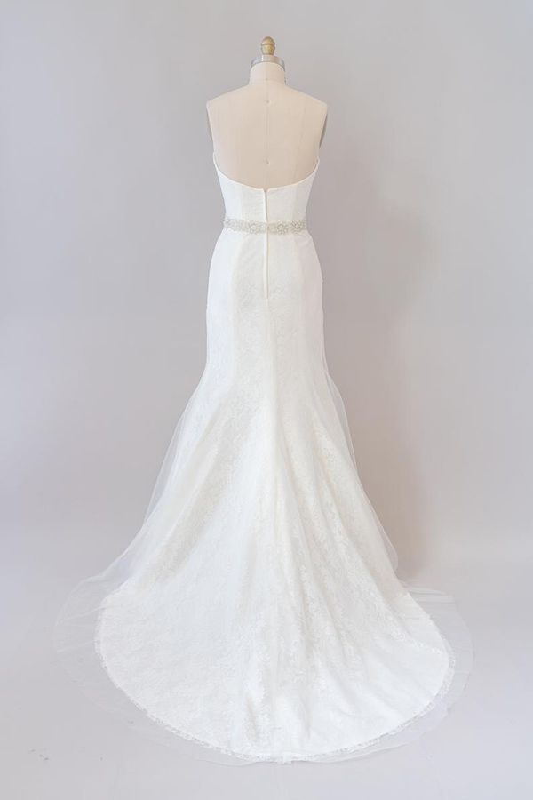 Vestido de novia largo de sirena sin tirantes de tul con encaje