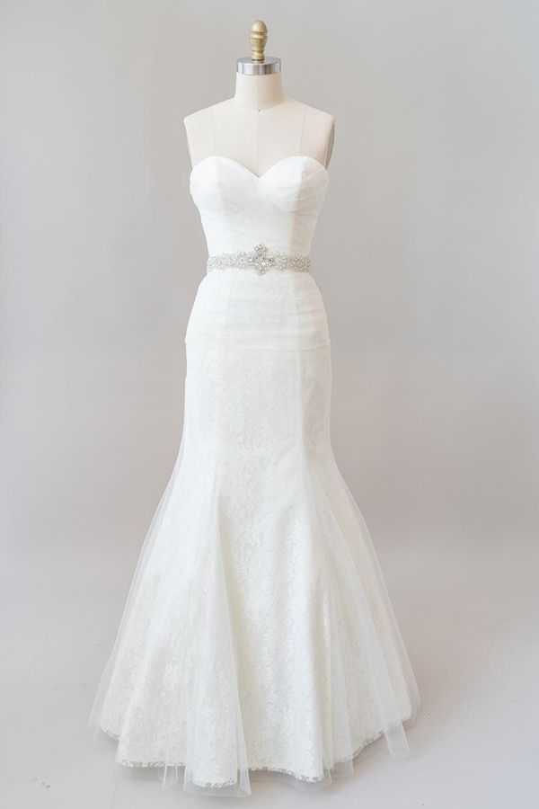 Vestido de novia largo de sirena sin tirantes de tul con encaje