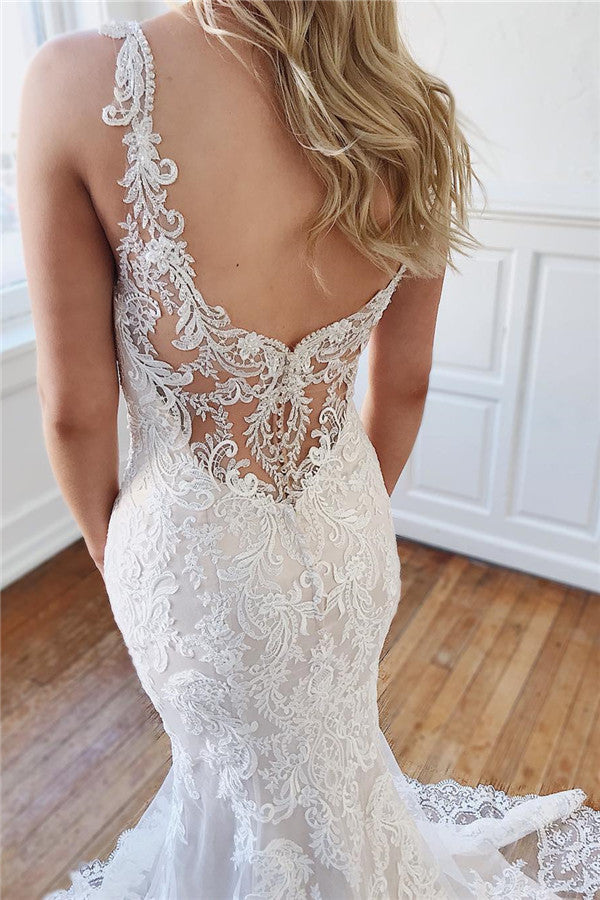 Vestidos de Noiva com Aplicações de Renda, Decote Coração e Costas Descobertas, Estilo Sereia Longo