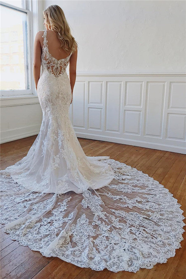 Vestidos de Noiva com Aplicações de Renda, Decote Coração e Costas Descobertas, Estilo Sereia Longo