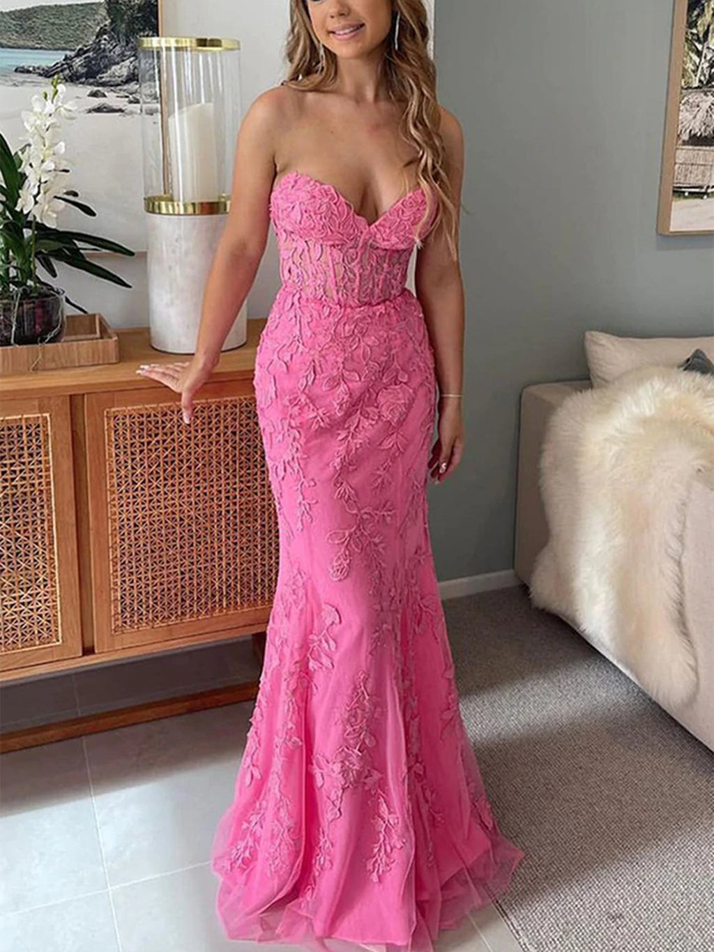 Abito lungo da sera con scollo a cuore e pizzo, colore fucsia, abito formale da ballo