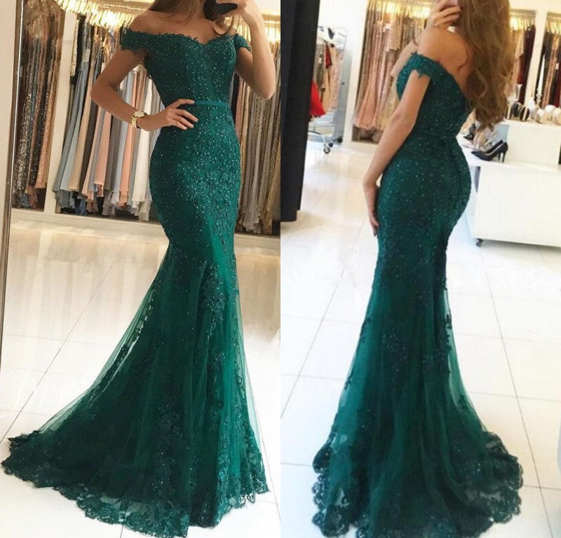 Robe de bal longue sirène à décolleté cœur, épaules dénudées, en tulle et dentelle, dos nu
