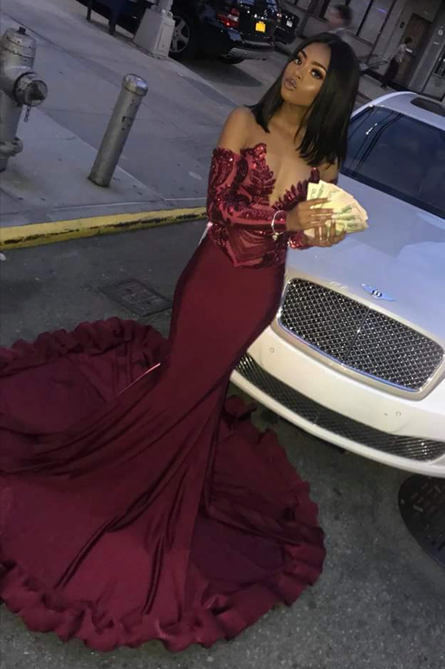 Robe de bal longue en satin, décolleté cœur, style sirène, avec manches