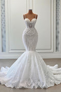 Vestido de Noiva Sereia Longo com Decote Coração, Alças Finas, Tule, Bordados e Folhos