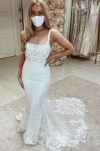 Abiti da sposa lunghi a sirena in tulle senza maniche e senza schiena con pizzi applicati