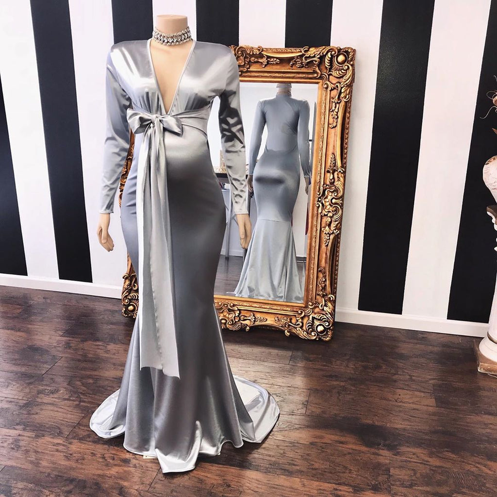 Vestidos Formais Longos de Grávida com Decote em V, Manga e Ajustáveis, Estilo Sereia