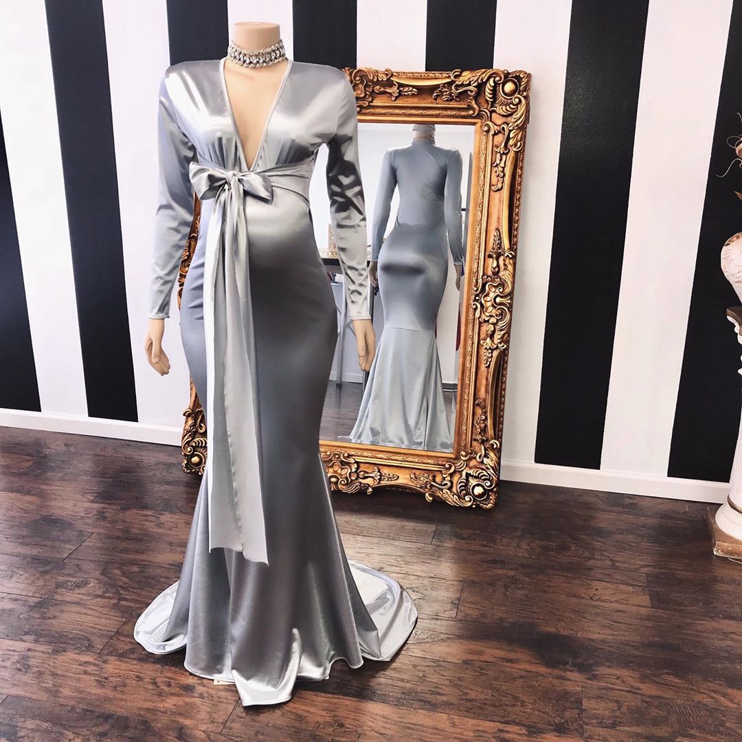 Vestidos Formais Longos de Grávida com Decote em V, Manga e Ajustáveis, Estilo Sereia