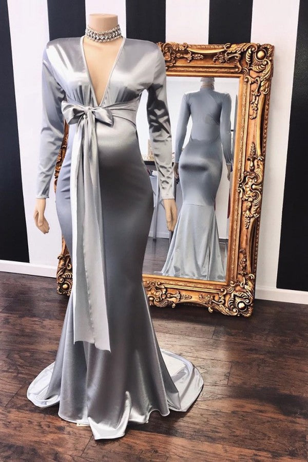Vestidos Formais Longos de Grávida com Decote em V, Manga e Ajustáveis, Estilo Sereia