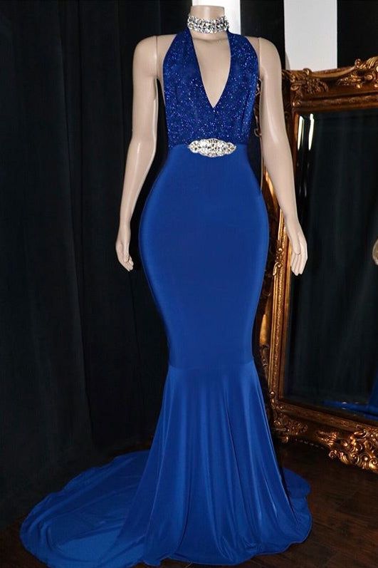 Robe de bal longue sirène à décolleté en V avec appliques et dos nu