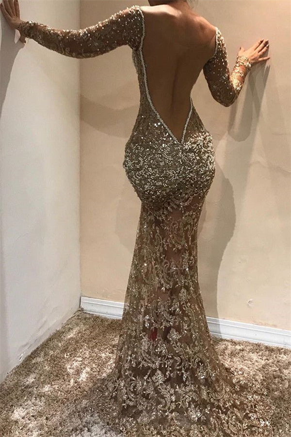 Vestido de Gala Comprido com Decote em V, Apliques, Renda, Fenda Frontal e Mangas em Estilo Sereia