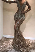 Vestido de Gala Comprido com Decote em V, Apliques, Renda, Fenda Frontal e Mangas em Estilo Sereia