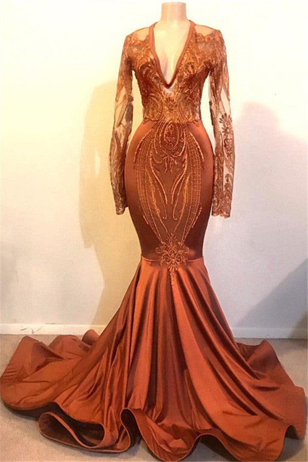 Robe de bal longue sirène en satin avec appliques en dentelle et manches, col en V