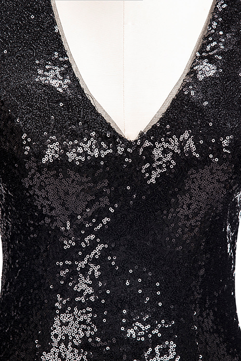 Abito lungo da sera a sirena con scollo a V, paillettes nere e maniche