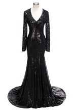 Abito lungo da sera a sirena con scollo a V, paillettes nere e maniche