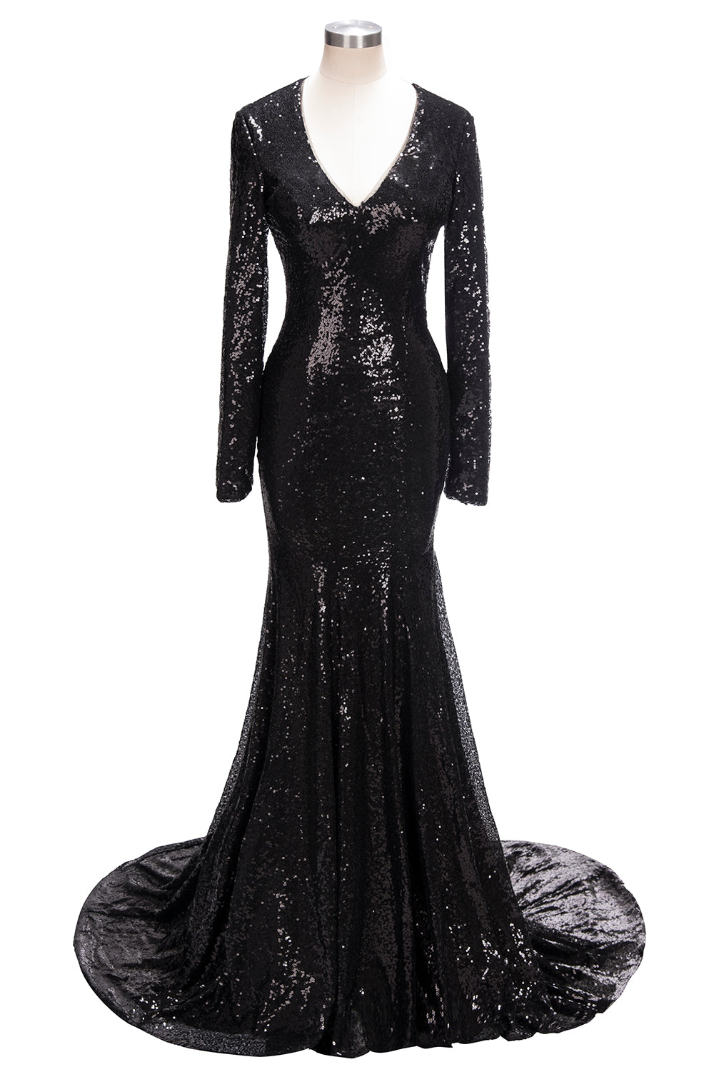 Abito lungo da sera a sirena con scollo a V, paillettes nere e maniche