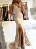 Robes de bal longues sirène en satin à col en V, dos nu, formelles, avec fente