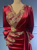 Robe de bal bordeaux en satin à perles, col en V, manches longues, style sirène