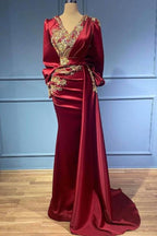 Robe de bal bordeaux en satin à perles, col en V, manches longues, style sirène
