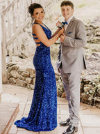 Robe de bal longue sirène à décolleté en V, dos nu pailleté, fendue, bleue, robe de soirée formelle
