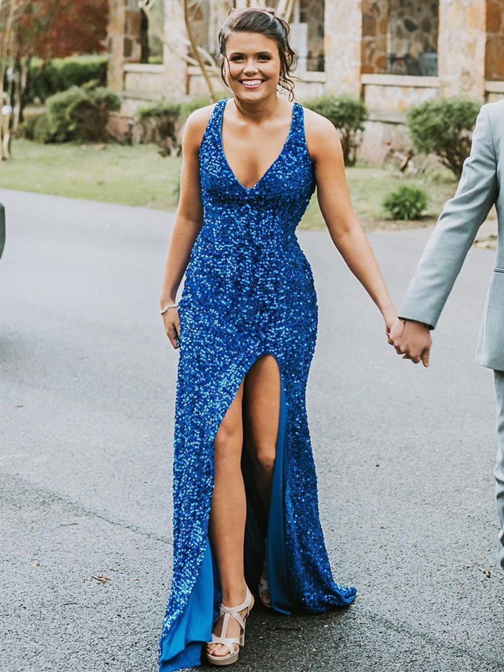 Robe de bal longue sirène à décolleté en V, dos nu pailleté, fendue, bleue, robe de soirée formelle