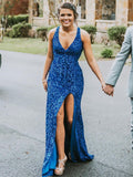 Robe de bal longue sirène à décolleté en V, dos nu pailleté, fendue, bleue, robe de soirée formelle