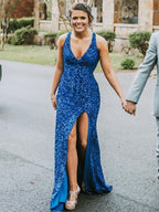 Robe de bal longue sirène à décolleté en V, dos nu pailleté, fendue, bleue, robe de soirée formelle