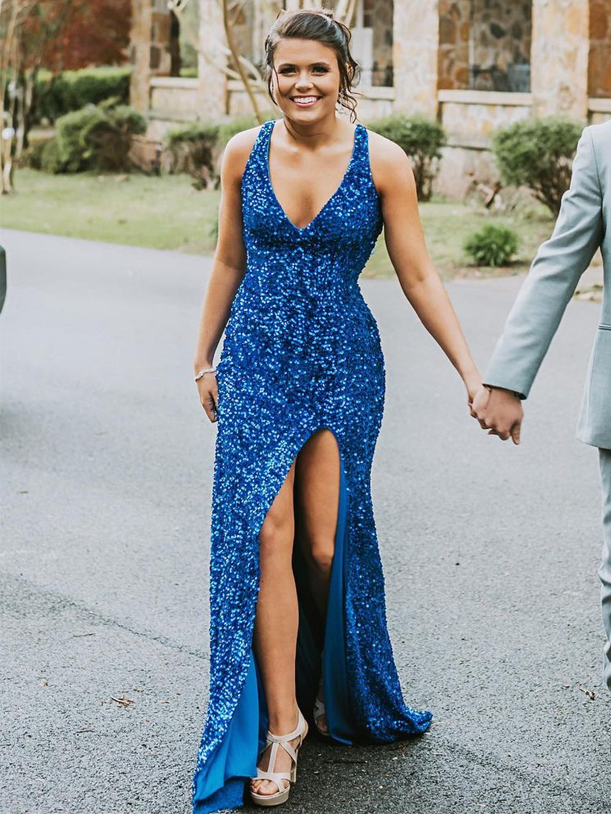 Robe de bal longue sirène à décolleté en V, dos nu pailleté, fendue, bleue, robe de soirée formelle