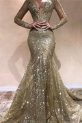 Robe de bal longue sirène à col en V ornée de sequins avec manches