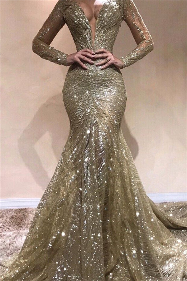 Robe de bal longue sirène à col en V ornée de sequins avec manches