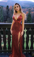 Robe de bal longue sirène à col en V ornée de paillettes avec fente