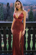 Robe de bal longue sirène à col en V ornée de paillettes avec fente