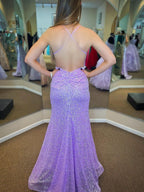 Vestido de Baile Formal Lilás com Lantejoulas, Decote em V e Costas Descobertas, Estilo Sereia Longo