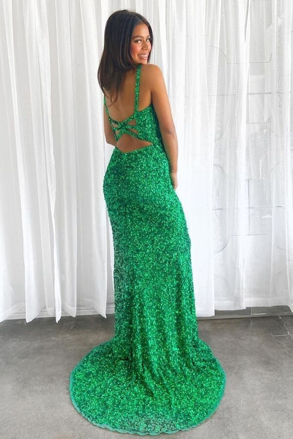 Long Mermaid V-neck Sequins Backless Prom Dress with Slit Green Formal Evening Gowns