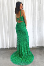 Long Mermaid V-neck Sequins Backless Prom Dress with Slit Green Formal Evening Gowns