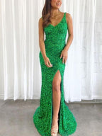 Long Mermaid V-neck Sequins Backless Prom Dress with Slit Green Formal Evening Gowns