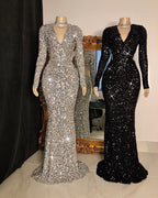 Robes de bal longues sirène à col en V avec sequins et manches