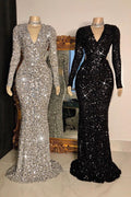 Robes de bal longues sirène à col en V avec sequins et manches