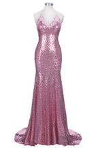 Robe de bal longue sirène à bretelles spaghetti, dos nu, rose pailleté, col en V