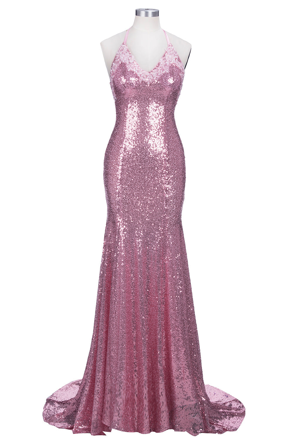 Robe de bal longue sirène à bretelles spaghetti, dos nu, rose pailleté, col en V