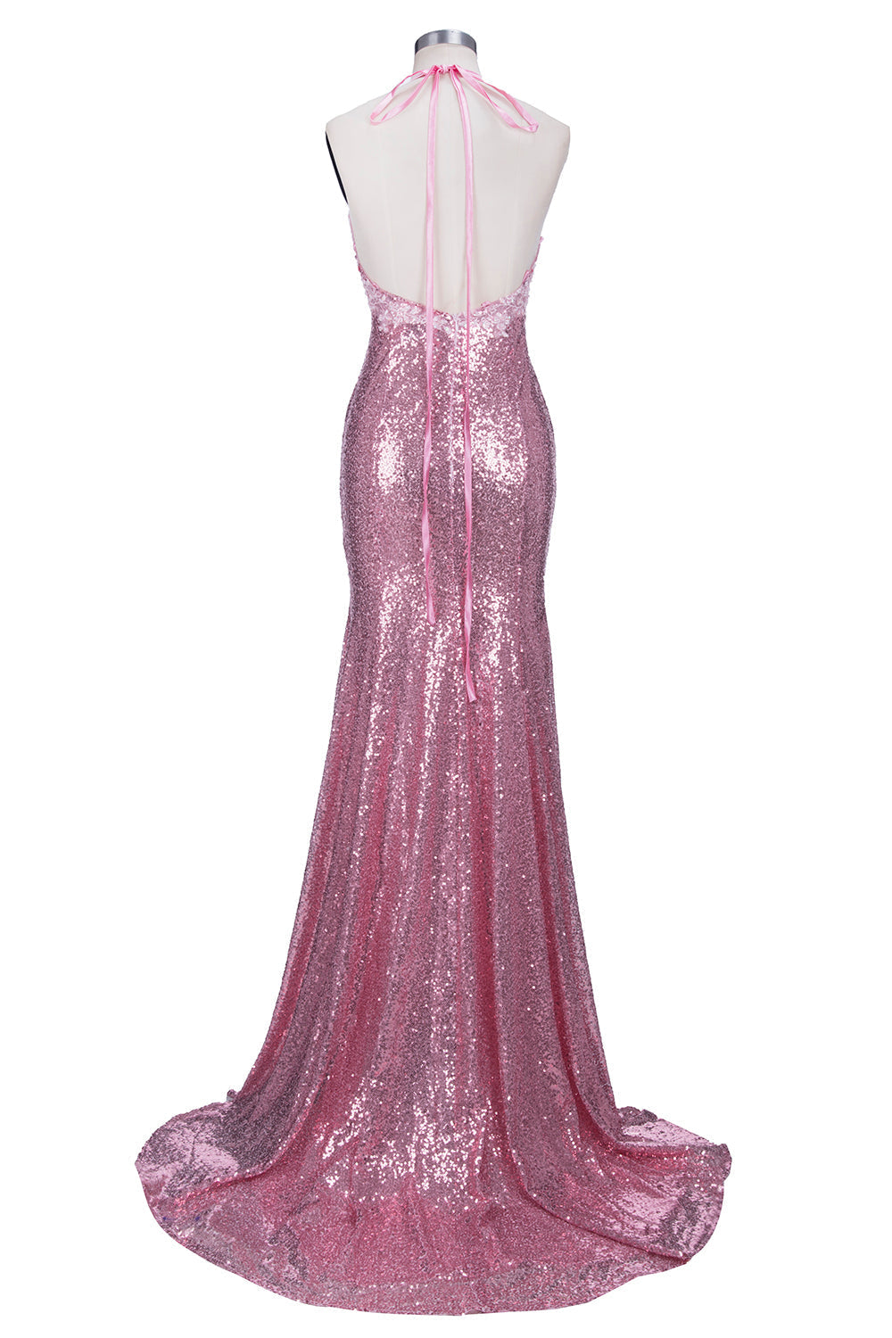 Robe de bal longue sirène à bretelles spaghetti, dos nu, rose pailleté, col en V