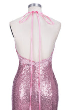 Robe de bal longue sirène à bretelles spaghetti, dos nu, rose pailleté, col en V